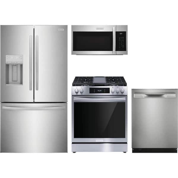 Frigidaire 28. cu. ft. Standard Depth Refrigerator with 5 Burner Slide-In Gas Range and Dishwasher with 7 Cycles