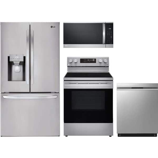LG 28 cu. ft. Standard Depth Refrigerator with 5 Burner Freestanding Electric Range and Dishwasher with QuadWash