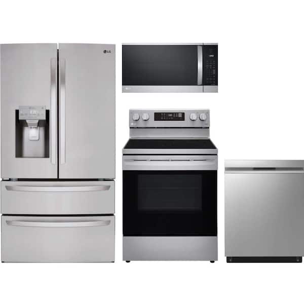 LG 28 cu. ft. Standard Depth Smart Refrigerator with 5 Burner Freestanding Electric Range and Dishwasher with QuadWash