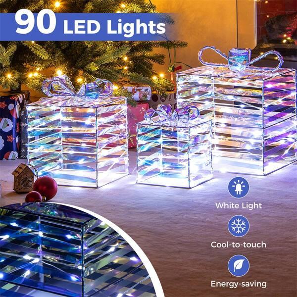 Costway 3-Pieces 90-Count LED Lighted White Christmas Gift Boxes Decorations