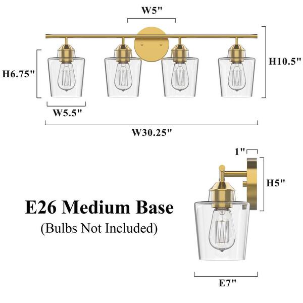 KAWOTI 30.25 In. 4-Light Antique Brass Vanity Light With Clear Glass Shade