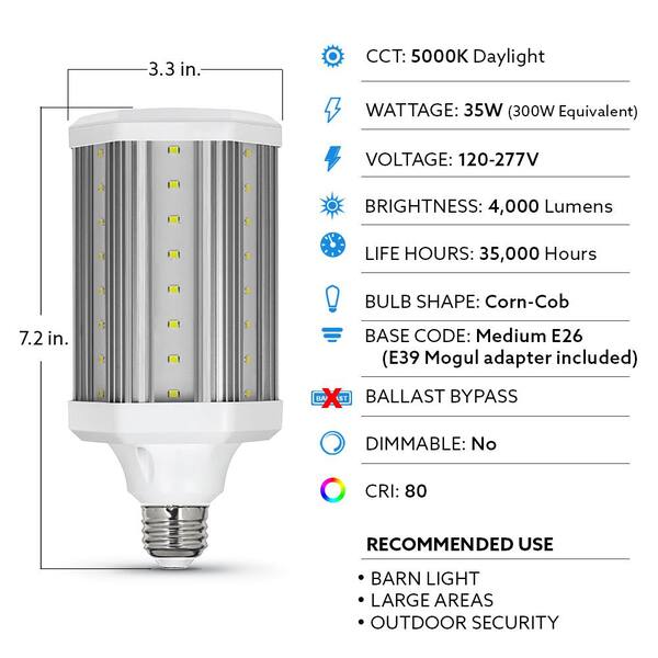 Feit Electric 300-Watt Equivalent Corn Cob E26 With E39 Mogul Adapter High Lumen HID Utility LED Light Bulb Daylight (5000K) (1-Pack)