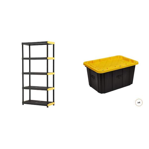 HDX 36 in. W 5-Shelf Black Plastic Shelving Unit 27 Gal. Black/Yellow Storage Tote (4-Count) Combo HDX 36 in. W 5-Shelf Black Plastic Shelving Unit 27 Gal. Black/Yellow Storage Tote (4-Count) Combo