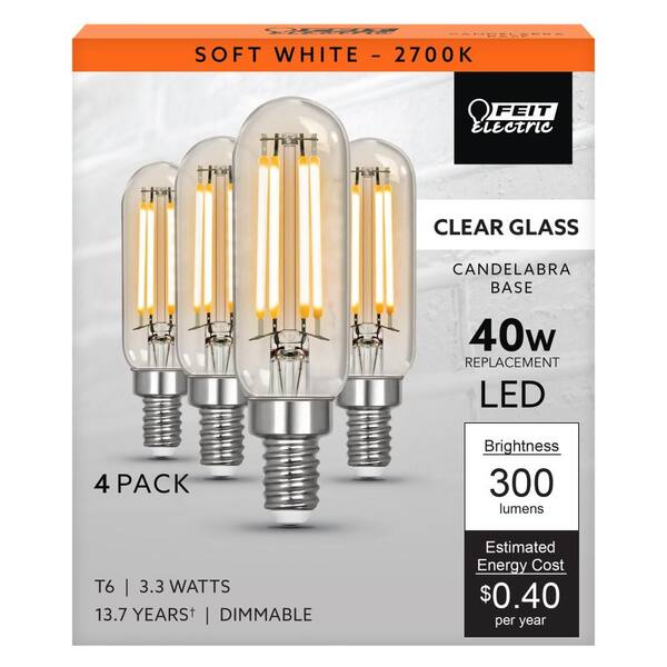 Feit Electric 40-Watt Equivalent T6 Dimmable Straight Filament Clear Glass E12 Candelabra Edison LED Light Bulb Soft White (4-Pack)