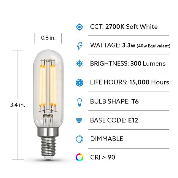 Feit Electric 40-Watt Equivalent T6 Dimmable Straight Filament Clear Glass E12 Candelabra Edison LED Light Bulb Soft White (4-Pack)