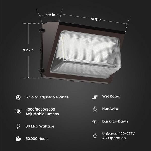 Feit Electric 4000/6000/8000 Lumens Select Integrated LED Selectable 5CCT Bronze Dusk To Dawn Commercial Wall Pack Light