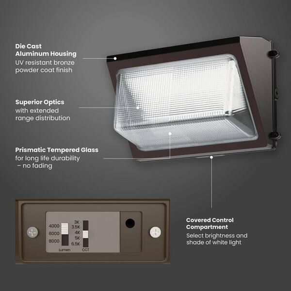 Feit Electric 4000/6000/8000 Lumens Select Integrated LED Selectable 5CCT Bronze Dusk To Dawn Commercial Wall Pack Light