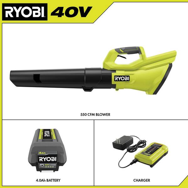 RYOBI 40V 120 MPH 550 CFM Cordless Battery Leaf Blower With 4.0 Ah Battery And Charger