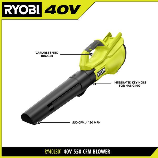 RYOBI 40V 120 MPH 550 CFM Cordless Battery Leaf Blower With 4.0 Ah Battery And Charger