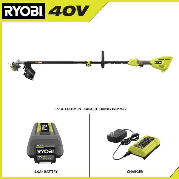 RYOBI 40V 15 In. Expand-It Cordless Battery Attachment Capable String Trimmer With 4.0 Ah Battery And Charger