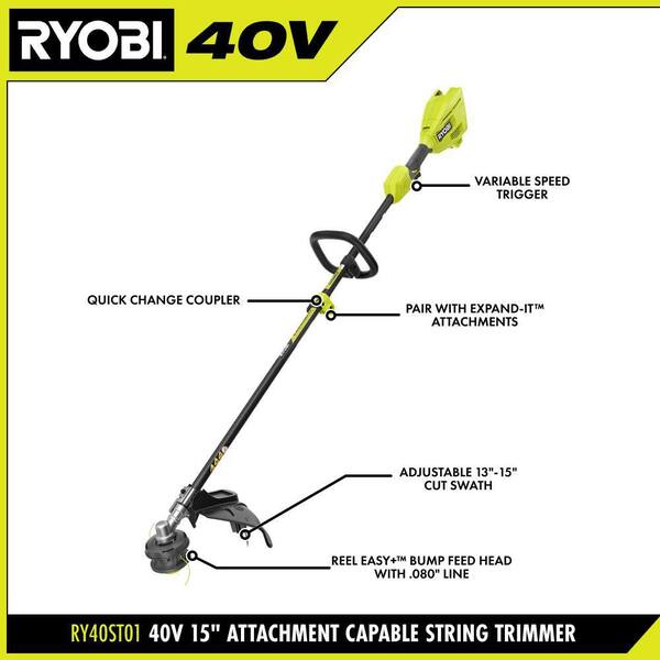 RYOBI 40V 15 In. Expand-It Cordless Battery Attachment Capable String Trimmer With 4.0 Ah Battery And Charger