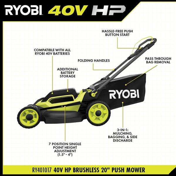RYOBI 40V HP Brushless 20 In. Cordless Battery Walk Behind Push Lawn Mower With 6.0 Ah Battery And Charger