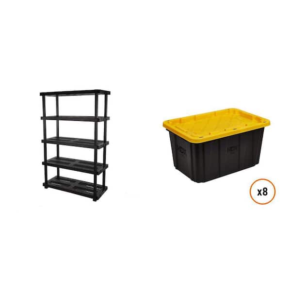 HDX 48 in. 5-Tier Black Garage Shelving Unit (75 in. H x 20 in. D) and 27 Gal. Black and Yellow Storage Tote (8-Count) HDX 48 in. 5-Tier Black Garage Shelving Unit (75 in. H x 20 in. D) and 27 Gal. Black and Yellow Storage Tote (8-Count)
