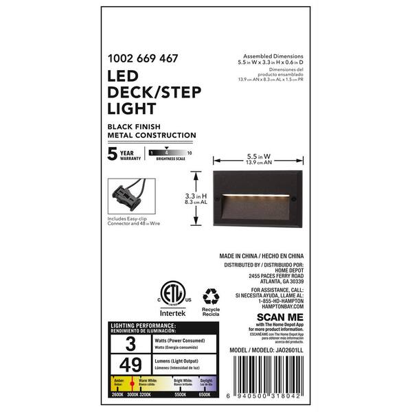 Hampton Bay 49 Lumen 5.5 In. Low Voltage Black Integrated LED Deck Light