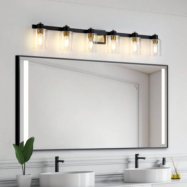 Pasentel 50 In. 6-Light Matte Black And Gold Bathroom Vanity Light With Clear Glass Shades