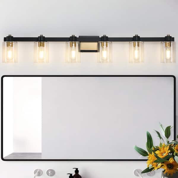 pasentel 50 in. 6-Light Matte Black and Gold Bathroom Vanity Light with Clear Glass Shades