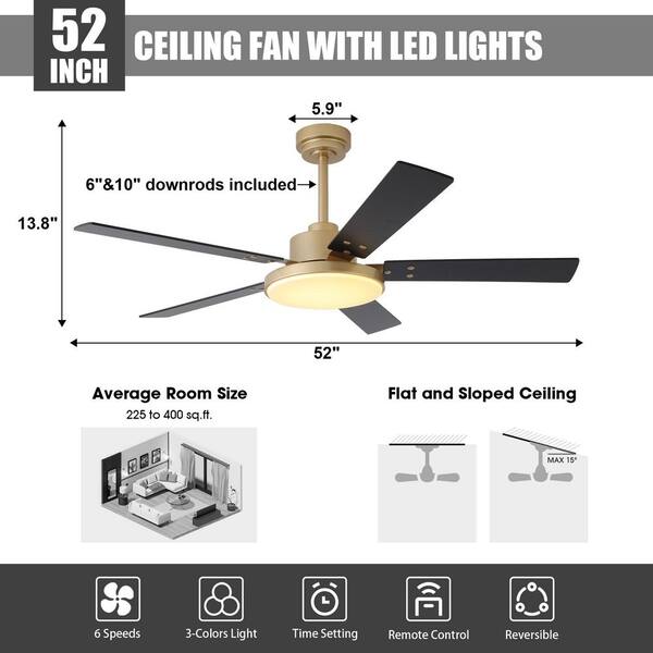 Vaczon 52 In. Indoor Color Changing Integrated LED Gold 6-Speed DC Ceiling Fan With Light And Remote Control