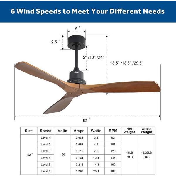 Sofucor 52 In. Indoor/Outdoor Black Wood Ceiling Fan With 6-Speed Long-Handled Reversible DC Motor Remote Control