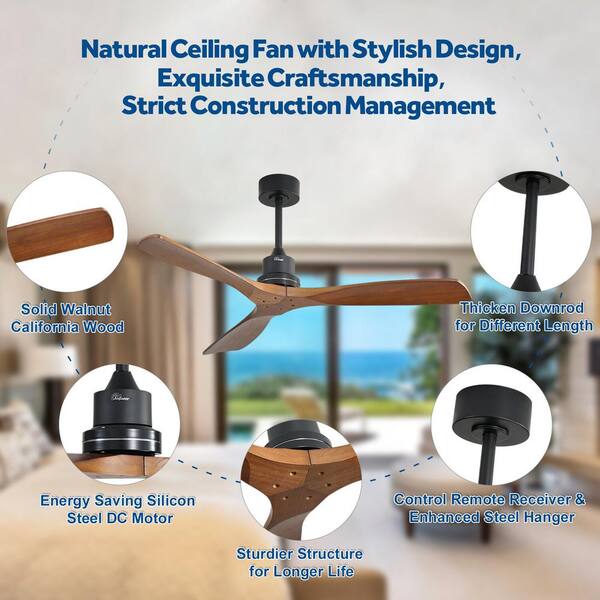 Sofucor 52 In. Indoor/Outdoor Black Wood Ceiling Fan With 6-Speed Long-Handled Reversible DC Motor Remote Control