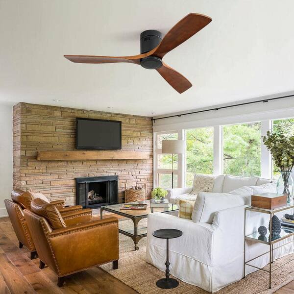 Sofucor 52 In. Indoor/Outdoor Flush Mount Ceiling Fan 3-Carved Wood Fan Blades Matte Black Ceiling Fan With 6-Speed Remote