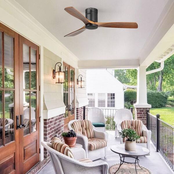 Sofucor 52 In. Indoor/Outdoor Flush Mount Ceiling Fan 3-Carved Wood Fan Blades Matte Black Ceiling Fan With 6-Speed Remote