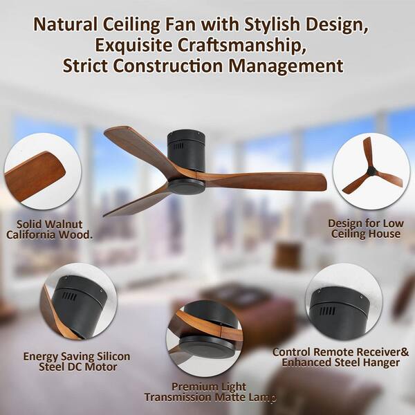 Sofucor 52 In. Indoor/Outdoor Flush Mount Ceiling Fan 3-Carved Wood Fan Blades Matte Black Ceiling Fan With 6-Speed Remote