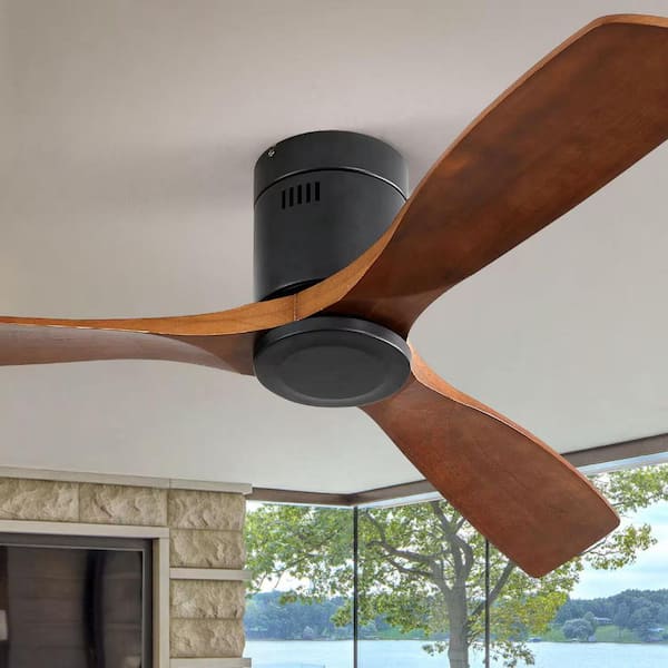 Sofucor 52 in. Indoor/Outdoor Flush Mount Ceiling Fan 3-Carved Wood Fan Blades Matte Black Ceiling Fan with 6-Speed Remote