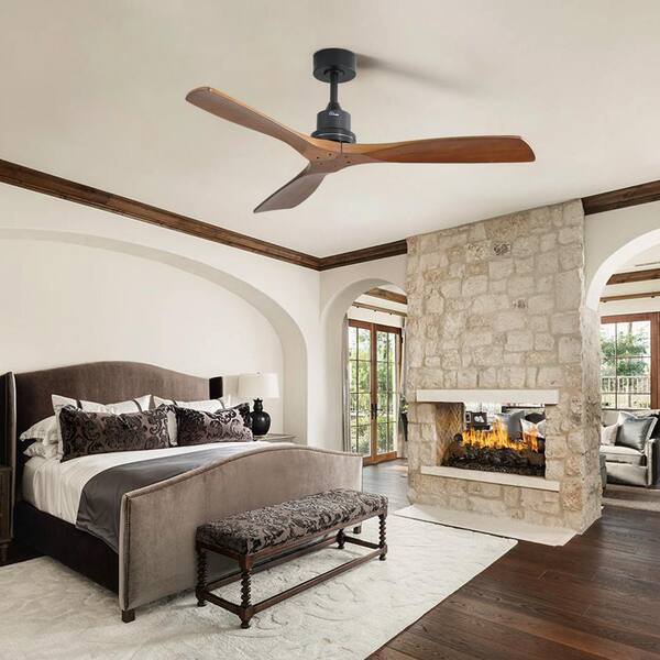 Sofucor 52 In. Indoor/Outdoor Matte Black Modern Ceiling Fan With Wood Fan Blades And 6-Speed Downrod Remote Included