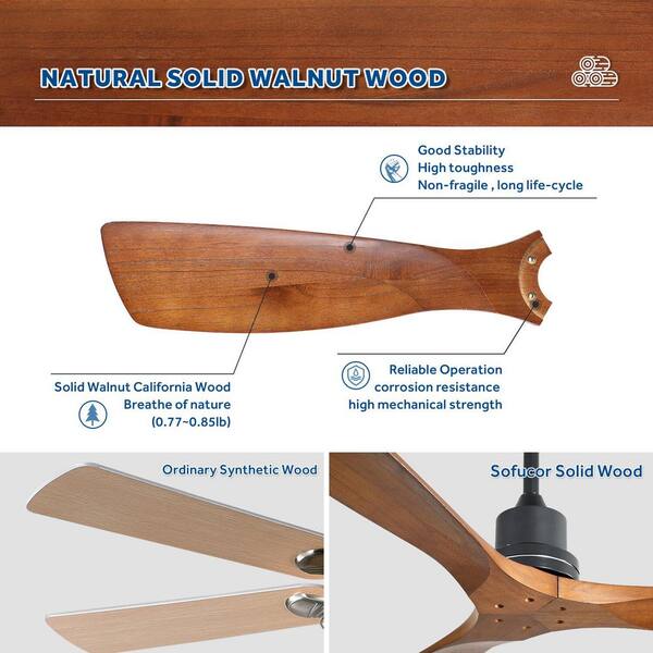 Sofucor 52 In. Indoor/Outdoor Matte Black Modern Ceiling Fan With Wood Fan Blades And 6-Speed Downrod Remote Included