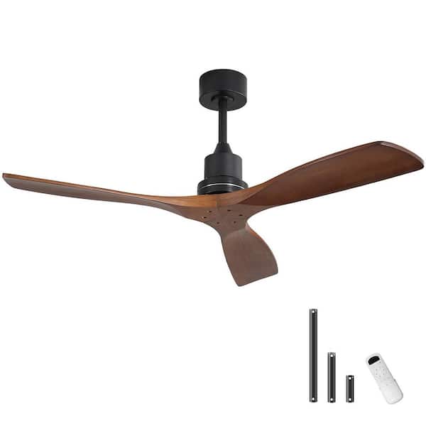 Sofucor 52 in. Indoor/Outdoor Matte Black Modern Ceiling Fan with Wood Fan Blades and 6-Speed Downrod Remote Included