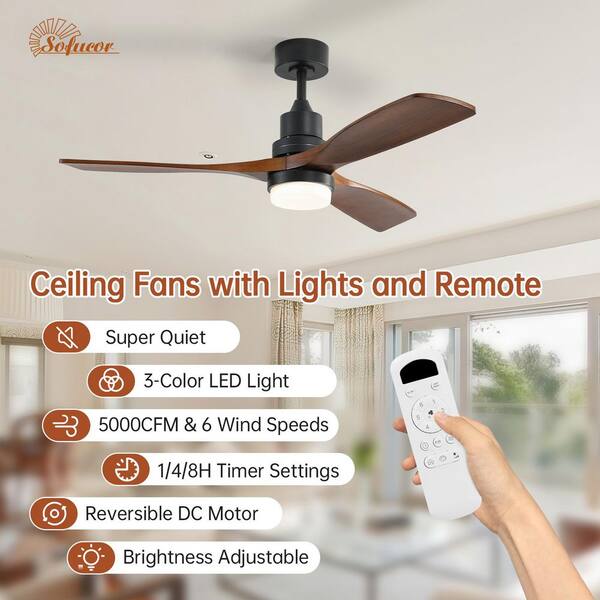 Sofucor 52 In. Integrated LED Indoor/Outdoor Black Ceiling Fan With Light Kit And Remote Control