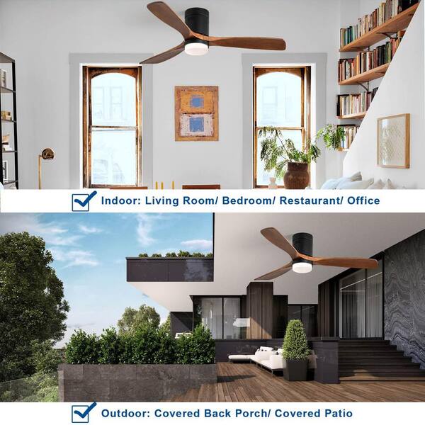 Sofucor 52 In. LED Indoor/Outdoor Flush Mount Matte Black Ceiling Fan With Wood Blades 6-Speed DC Remote Control