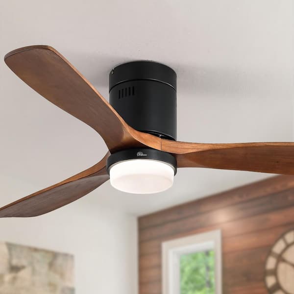 Sofucor 52 in. LED Indoor/Outdoor Flush Mount Matte Black Ceiling Fan with Wood Blades 6-Speed DC Remote Control