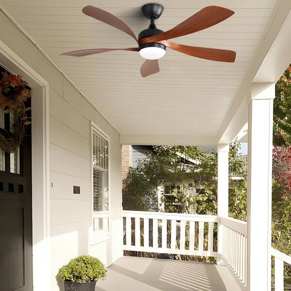 Sofucor 52 Inch Indoor/Outdoor 5 Blades Black Downrod Ceiling Fan With Led Lights And 6 Speed DC Remote-Morden Farmhouse