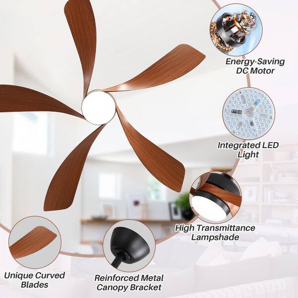 Sofucor 52 Inch Indoor/Outdoor 5 Blades Black Downrod Ceiling Fan With Led Lights And 6 Speed DC Remote-Morden Farmhouse
