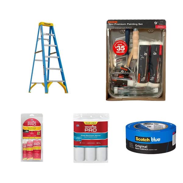 6 ft. Step Ladder 8-Piece Paint Kit Brush Pack (3-Pack) 9 in. Roller Cover (3-Pack) and Painter's Tape
