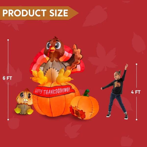 Joyfy 6 Ft. Thanksgiving Inflatable Stacking Pumpkin Turkey With Built-in LEDs Blow Up Inflatables Turkey For Thanksgiving