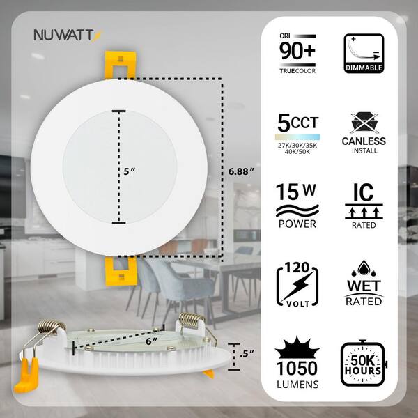 NuWatt 6 In. LED White Round Ultra Slim Canless Integrated LED Recessed Light Kit 5 CCT 2700K-5000K Dimmable IC Rated (12-Pack)