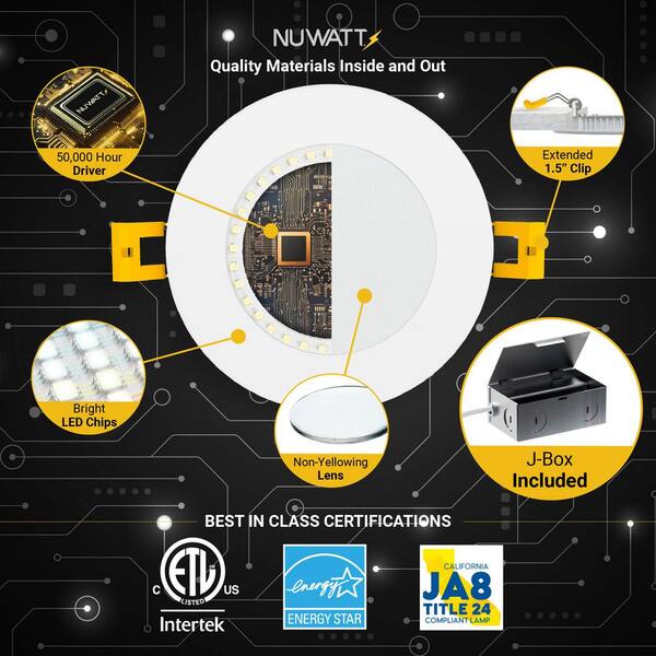 NuWatt 6 In. LED White Round Ultra Slim Canless Integrated LED Recessed Light Kit 5 CCT 2700K-5000K Dimmable IC Rated (12-Pack)