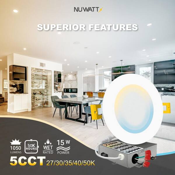 NuWatt 6 In. LED White Round Ultra Slim Canless Integrated LED Recessed Light Kit 5 CCT 2700K-5000K Dimmable IC Rated (12-Pack)