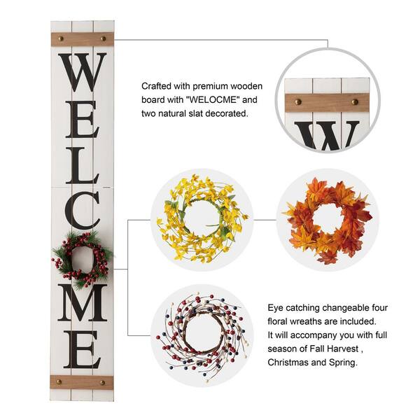 Glitzhome 60 In. H Wooden Welcome Porch Sign With 4 Changable Wreathes (Spring/Patriotic /Fall/Christmas )