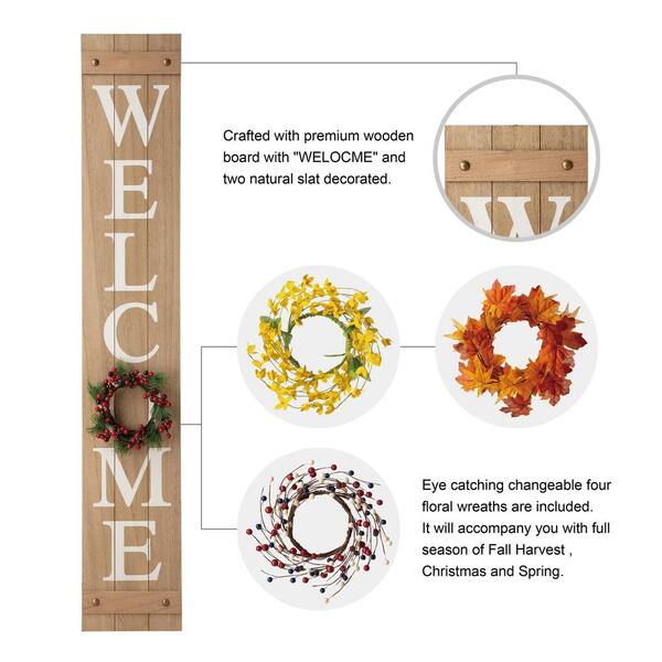 Glitzhome 60 In. H Wooden Welcome Porch Sign With 4 Changable Wreathes (Spring/Patriotic /Fall/Christmas )