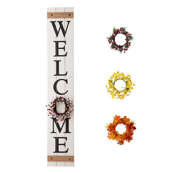 Glitzhome 60 in. H Wooden Welcome Porch Sign with 4 Changable wreathes (Spring/Patriotic /Fall/Christmas )