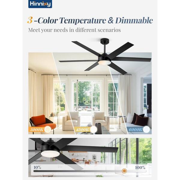 HINNIXY 60 In. Outdoor/Indoor Black And Walnut 6 Blades Large Ceiling Fan With Lights And Remote