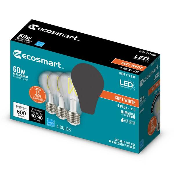 EcoSmart 60-Watt Equivalent A19 Dimmable Clear Glass Filament LED Light Bulb Soft White (4-Pack)