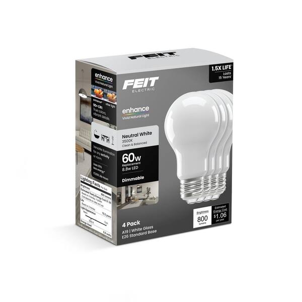 Feit Electric 60-Watt Equivalent A19 Dimmable Filament CEC 90+ CRI Frost Glass E26 Medium LED Light Bulb Natural White 3500K (4-Pack)