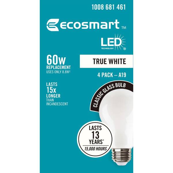 EcoSmart 60-Watt Equivalent A19 Dimmable LED Light Bulb True White (4-Pack)