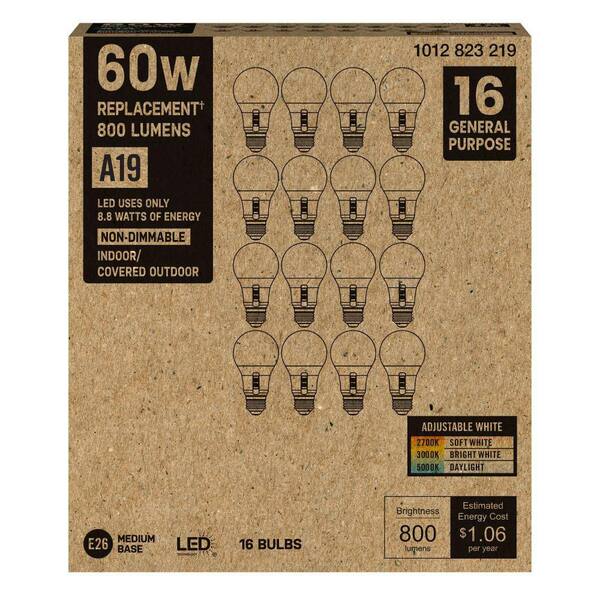 PRIVATE BRAND UNBRANDED 60-Watt Equivalent A19 Non-Dimmable CEC LED Light Bulb With Selectable Color Temperature (16-Pack)