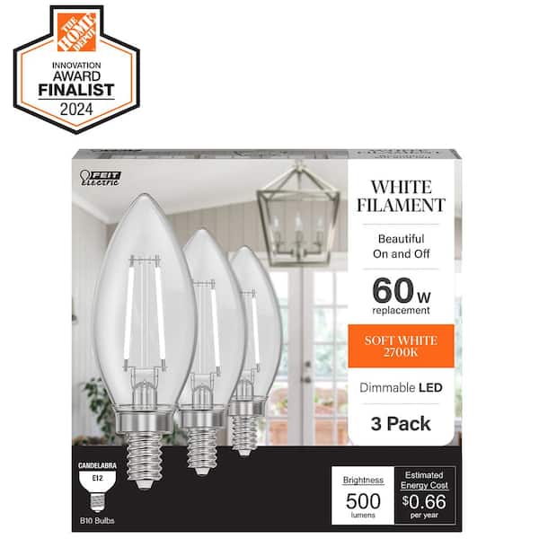 Feit Electric 60-Watt Equivalent B10 E12 Candelabra Dim White Filament Clear Glass Chandelier LED Light Bulb Soft White 2700K (3-Pack)
