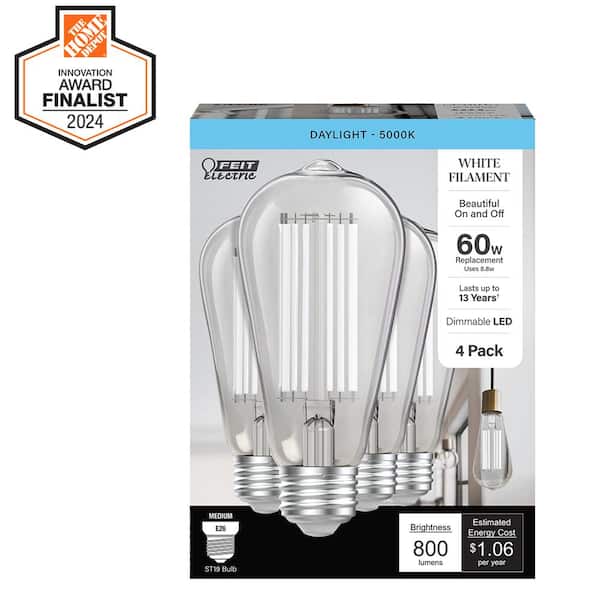 Feit Electric 60-Watt Equivalent ST19 Dimmable White Filament Clear Glass E26 Vintage Edison LED light Bulb Daylight 5000K (4-Pack)